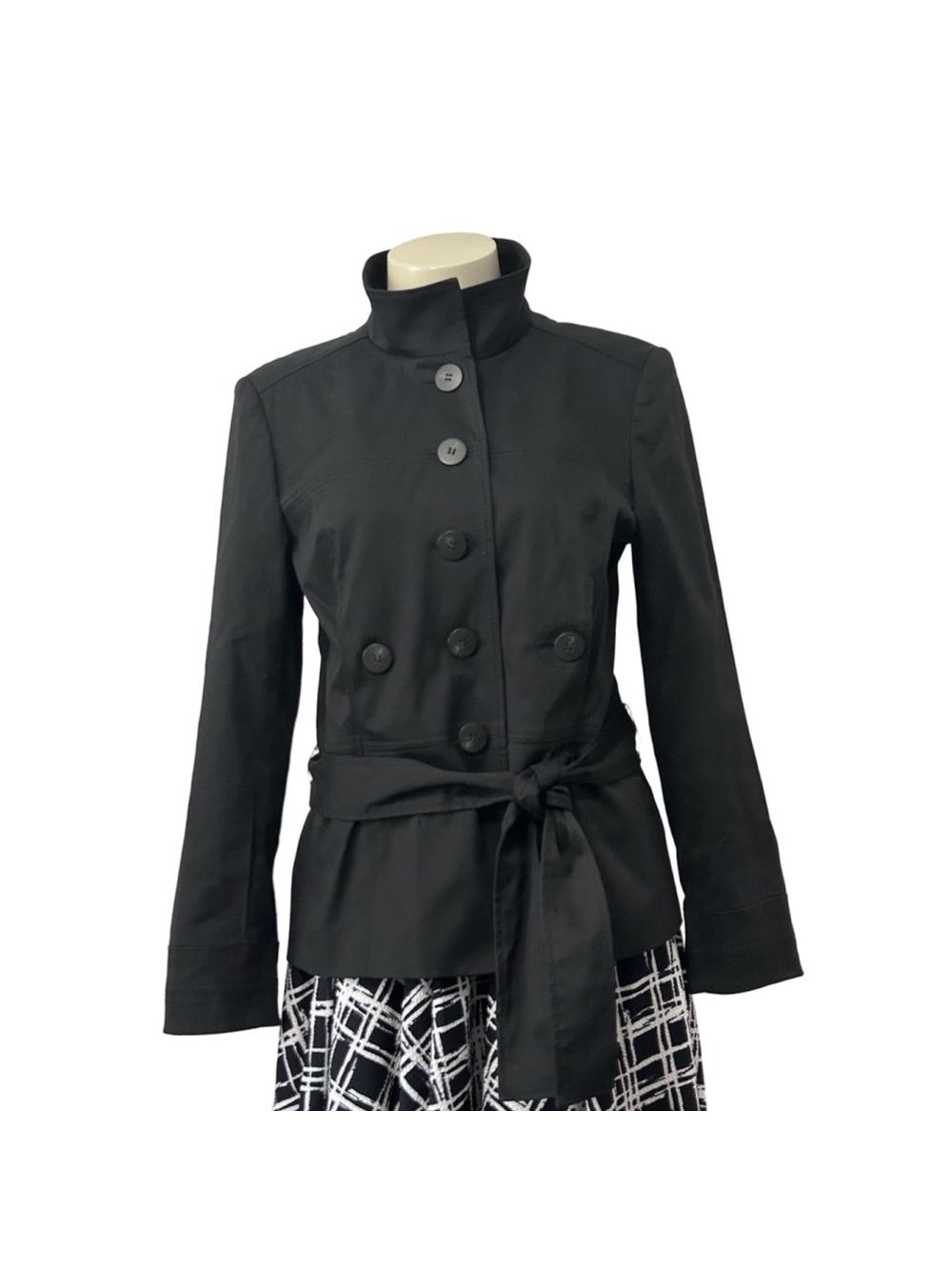 Talbots Black Stretch Trench-Style Jacket Size 10 Belted Double Breasted